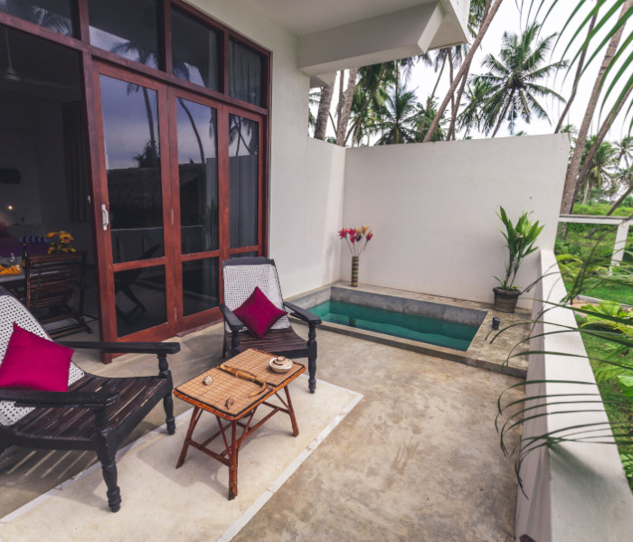 terrace view with 2 chairs, pool and palm trees.